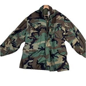 Vintage M65 Field Coat Cold Weather Camo Jacket Woodland US Army Mens Sz M  Long